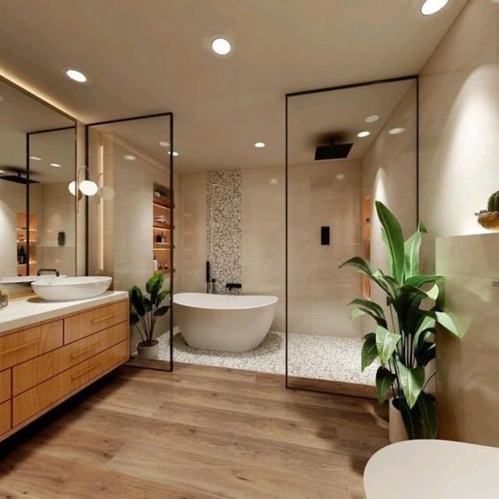 Warm spa-style bathroom with freestanding bath, after enhancement.
