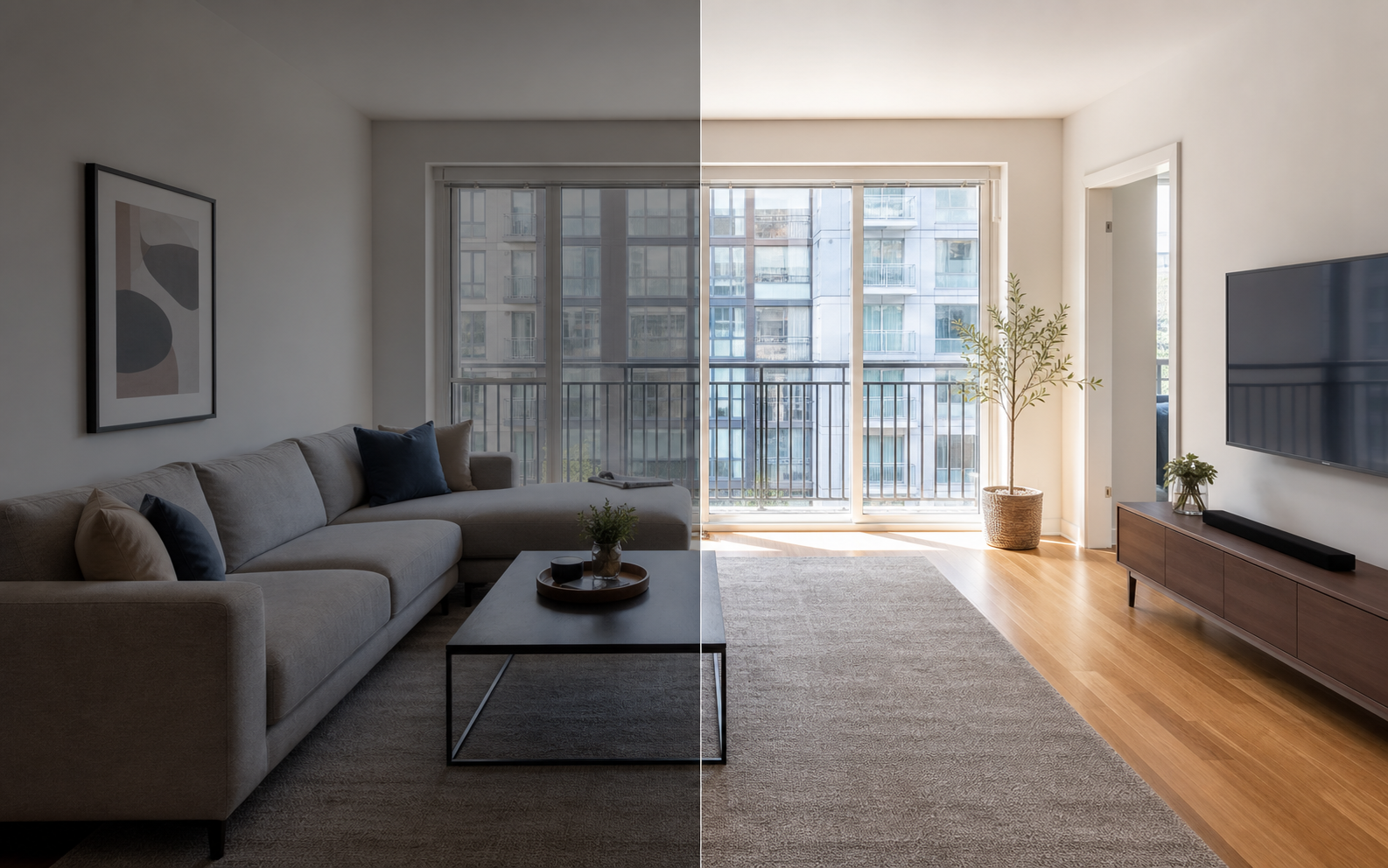 The same living room shown twice: dull and under-lit on the left, bright and sunlit after a MacProperties Optics edit on the right.